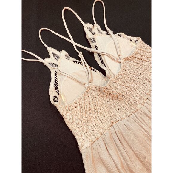 ~ Boho Sundress Le Miel Crochet Med Beachy Tan Mini Slip Dress Layered Bralette - Picture 11 of 16